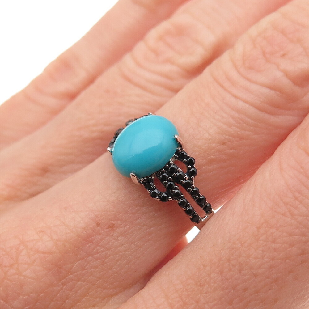 925 Sterling Silver Real Kingman Turquoise & Black Spinel Ring Size 8 - Picture 2 of 8